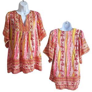 ALICIA BELL Pink Gold Silk-Cotton Short Sleeve Boho Peasant Top Sz L